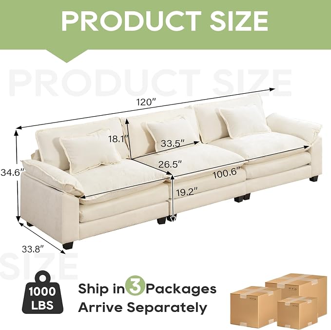 Oprisen 120" Modular Sectional Sofa, Comfy Cloud Couch Sectional Sofa, Chenille - Image 2