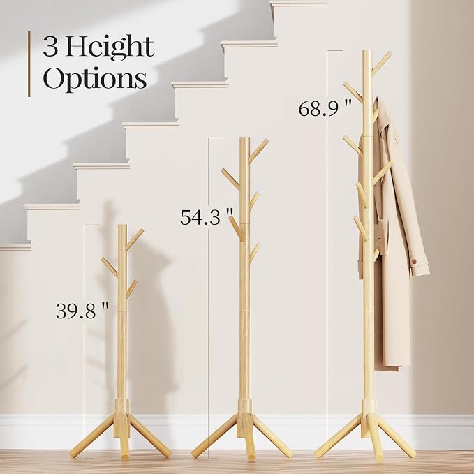 Pipishell Coat Rack Sturdy Wooden Coat Rack Stand, Adjustable Coat Tree - Image 3