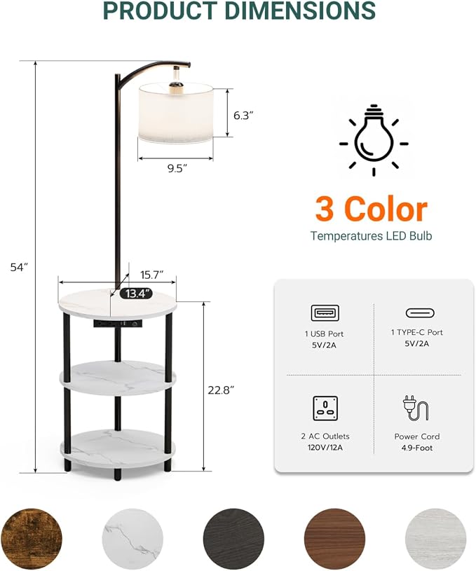 Round Side Table with Lamp and USB Ports, 3-Tier Small End Table - Image 3