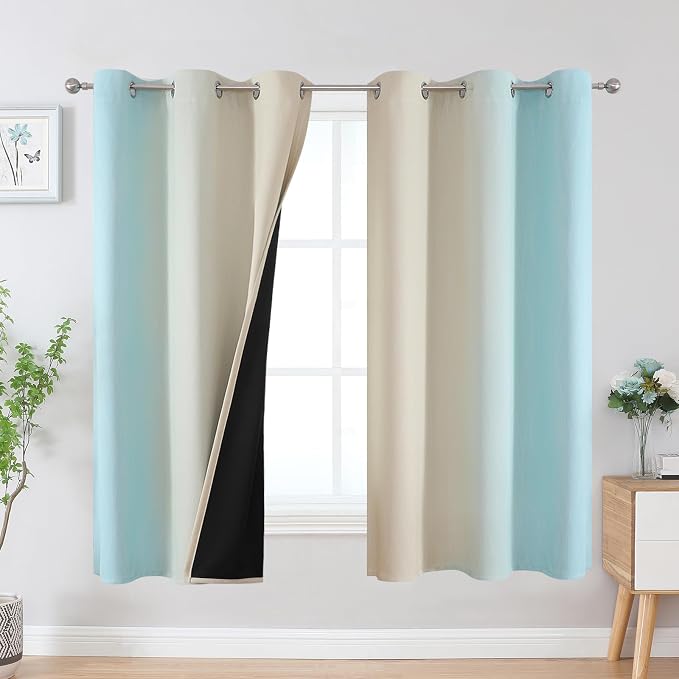 Aqua and Beige Ombre Blackout Curtains 63 Inch by ESTELARTEXTILER