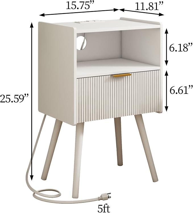 JOONEE White Nightstand with Outlet, Modern Bedside Table with Storage Drawer - Image 2