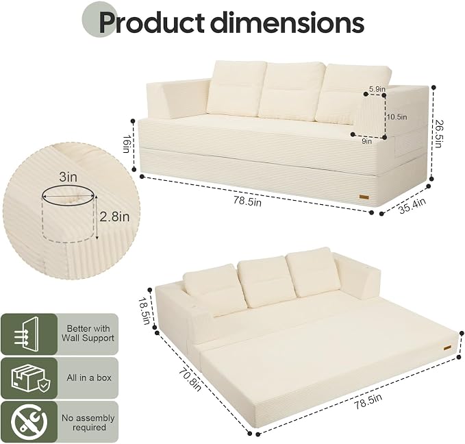 COMAX Futon Sofa Bed Queen, 4 in 1 Folding Boneless Sleeper Corduroy Couch - Image 2