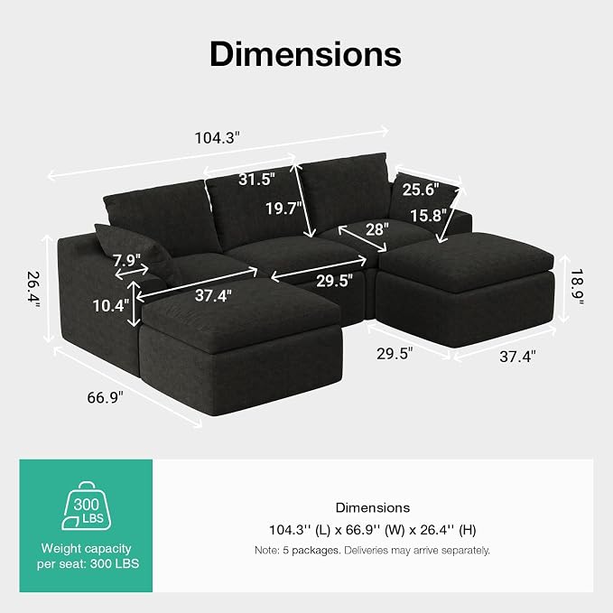 Novilla 104.3" Modular Cloud Couch, Modern Sectional Sofa - Image 2