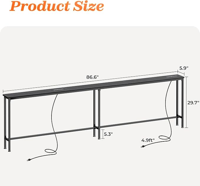 SUPERJARE Sofa Table with 2 Power Outlets and USB-C Ports, 5.9 Inch Narrow - Image 3