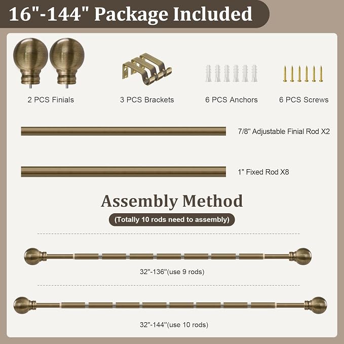 Antique Bronze Curtain Rods for Windows 72 to 144 Inch Long Brass Window - Image 9