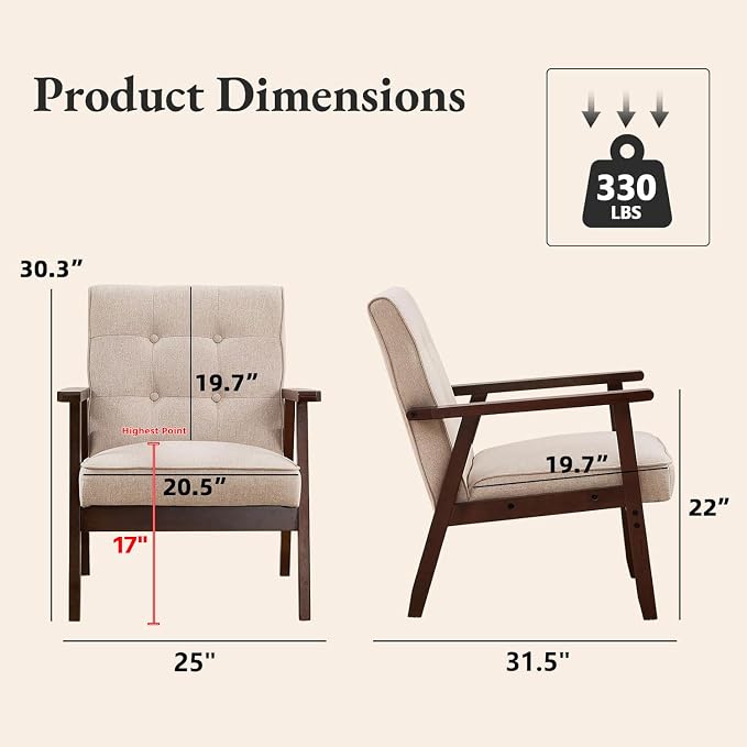 Bonzy Home Mid-Century Modern Accent Chair, Upholstered Fabric Armchair - Image 2