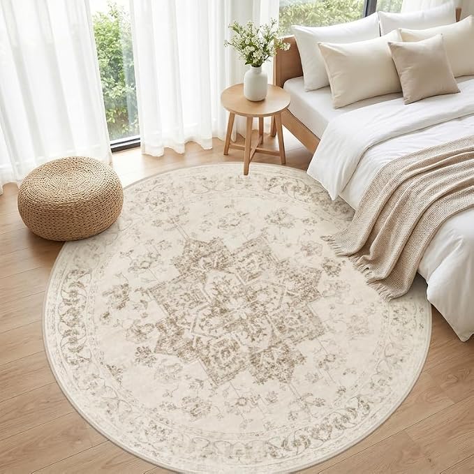 Round Area Rug Living Room: 6ft Washable Carpet Beige/Ivory | Vintage Boho - Image 4