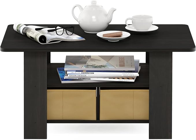 Furinno Coffee Table with Bins, Espresso/Brown - Image 5