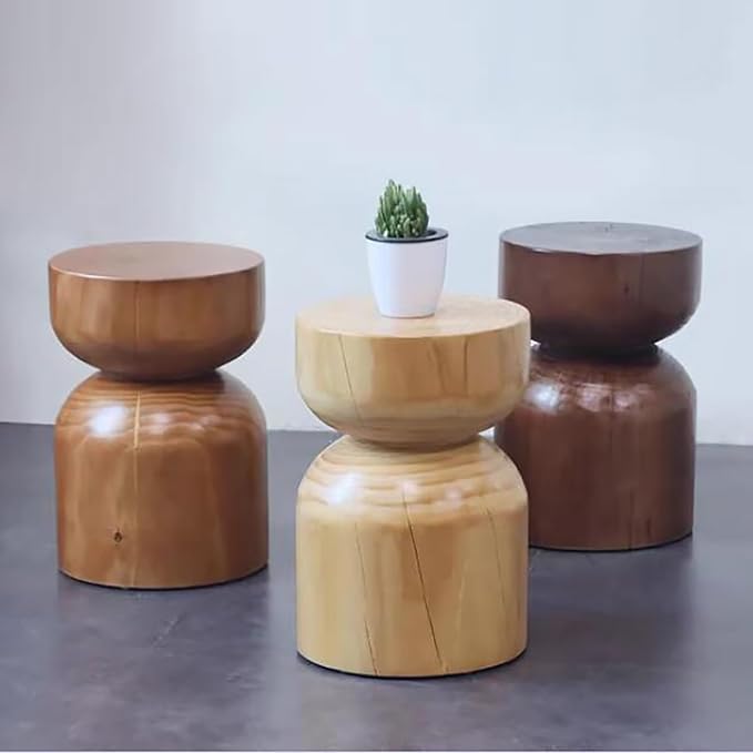 Solid Wood Stool & Sofa Side Table, Rustic Hourglass Wabi-Sabi Accent Coffee - Image 8