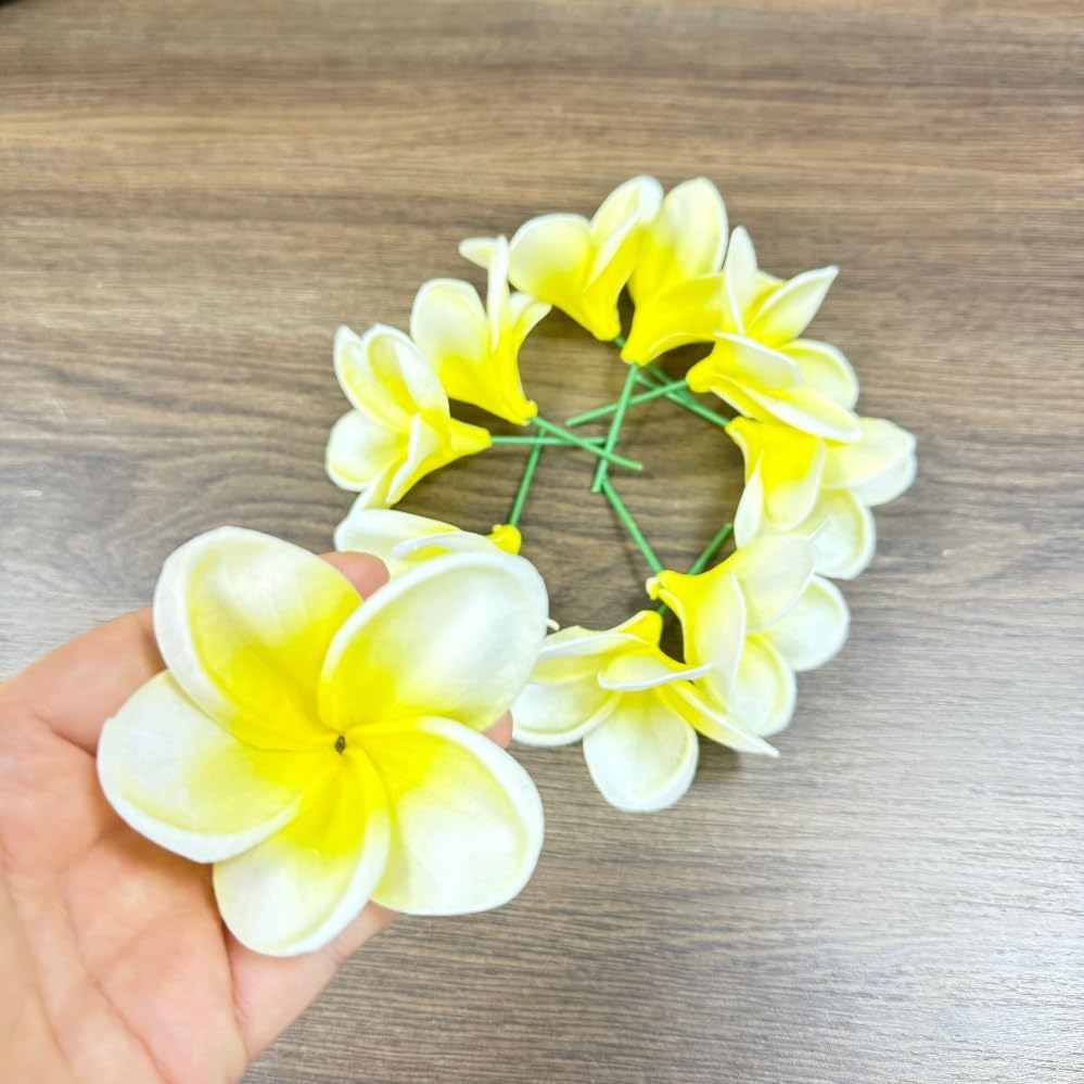 10 pcs White in Yellow Hawaiian Plumeria Flowers Artificial -1.5" Stems - Image 3