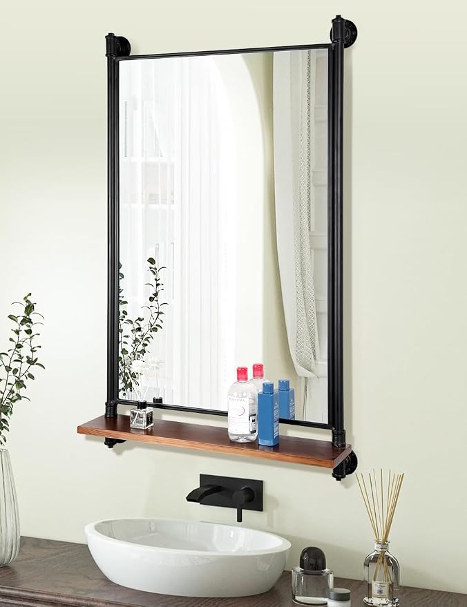 Industrial Pipe Mirror Wood Shelves, Bedroom Mirror - Image 4