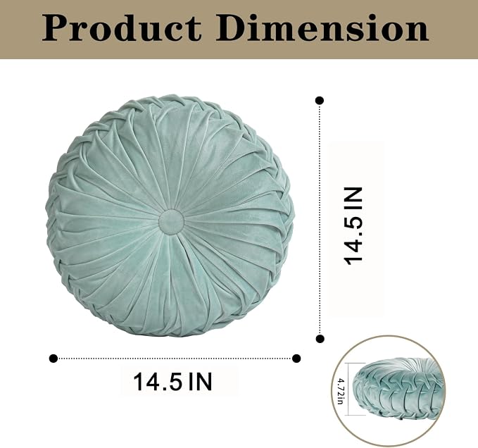 HIG Set of 2 Aqua Velvet Decorative Round Pleated Throw Pillows | Vintage Floor - Image 5