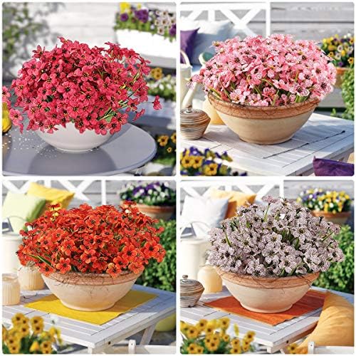 Outdoor Artificial Fake Flowers Plants - 24 Bundles Outside Artificial Violet Plastic Faux Flowers Outdoor Shrubs for Indoor Outdoor Decor (Rose Red) - Image 6