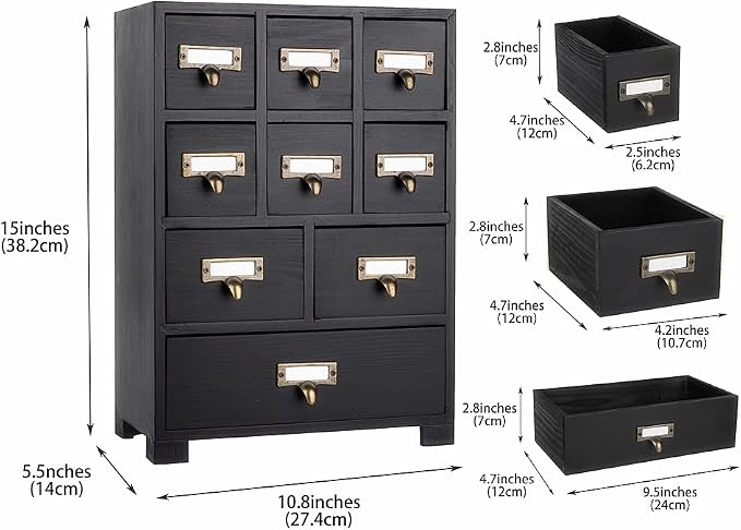 Apothecary Cabinet with 9 Drawers & Labels Rustic Library Card Catalog Cabinet - Image 3