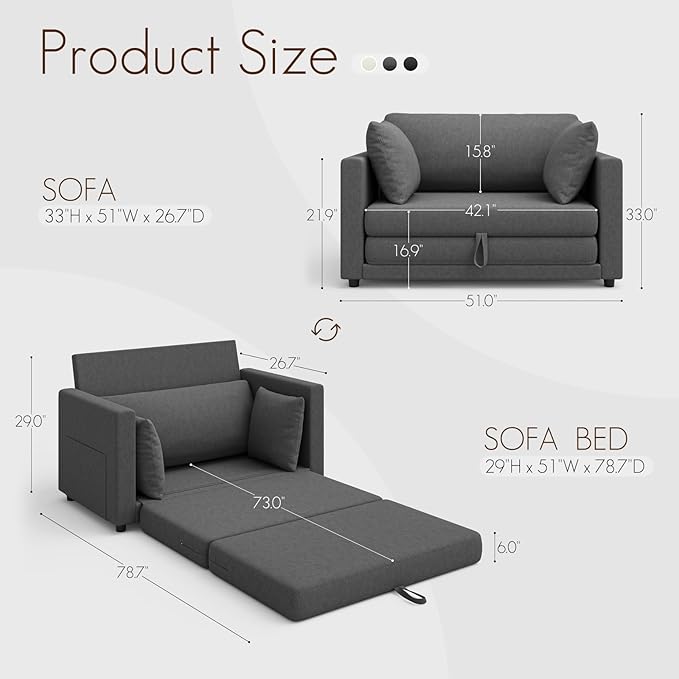 51" Loveseat Sofa Bed, Pull Out Love Seat - Image 3