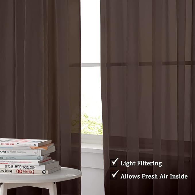 Sheer Chocolate Curtains, Sheer Curtains 90 Inches Long 2 Panels Set, Rod - Image 3