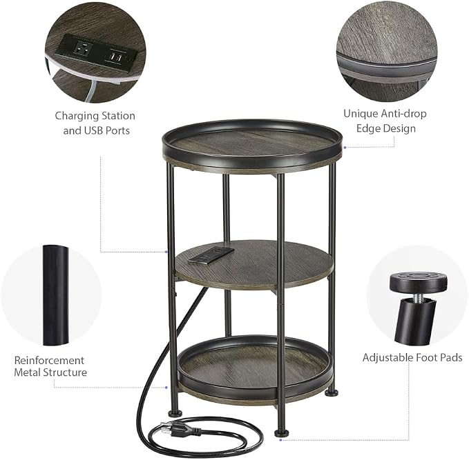 Dulcii Round Side Table with Charging Station, End Table with 3 Shelves - Image 9