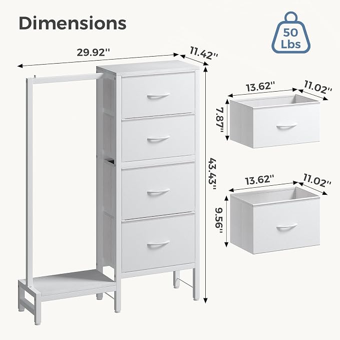 DUMOS Dresser with Hanging Rack, 4-in-1 White Fabric Dresser - Image 3