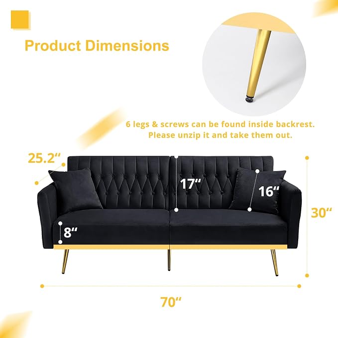 70” Velvet Futon Sofa Bed with 2 Pillows and Adjustable Armrests, Convertible - Image 3