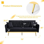 70” Velvet Futon Sofa Bed with 2 Pillows and Adjustable Armrests, Convertible - Image 3