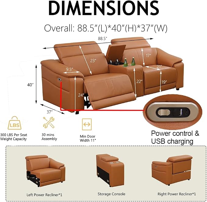 Power Recliner Sofa Set, Reclining Sectional Sofa Couch - Image 2
