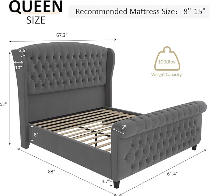 AMERLIFE Queen Size Platform Bed Frame, Velvet Upholstered Sleigh Bed - Image 2