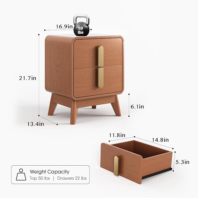Mid Century Modern Nightstand Set of 2, Wood Bedside Table - Image 2