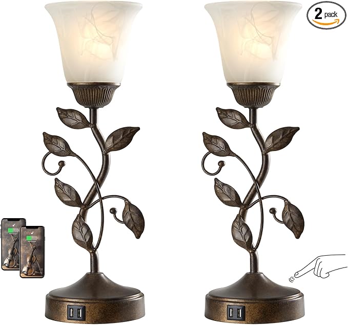 Set of 2 Touch Farmhouse Bedroom Table Lamps, Nightstand Vintage Flower Lamps by RORIANO