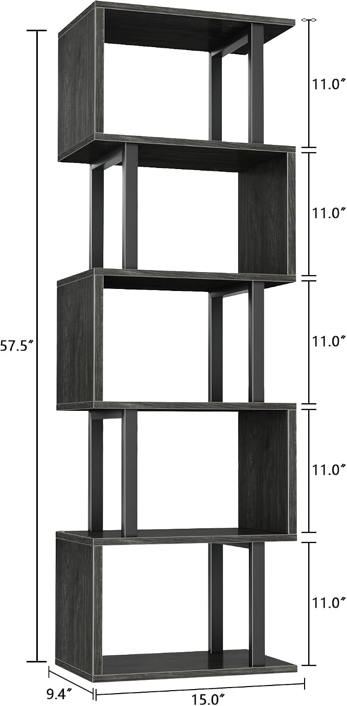 Furologee 6 Tier Bookshelf Tall Geometric Bookcase, S Shaped Industrial Display - Image 3