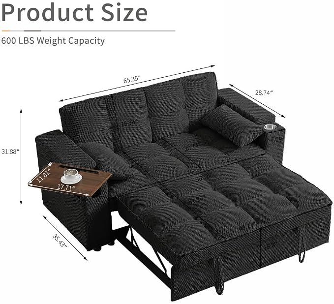 hansones 66" 3-in-1 Folding Convertible Sofa Bed, Queen Size Pullout Sofa - Image 2