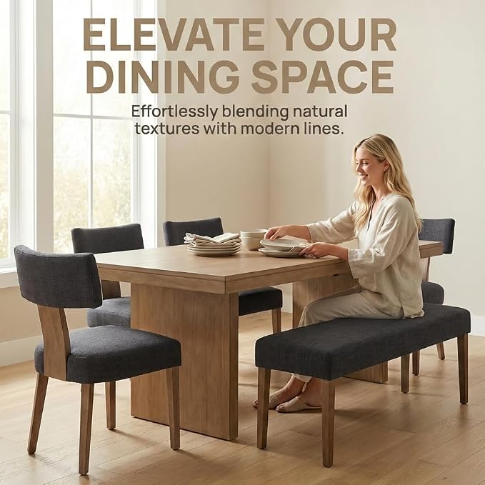 HNY Mid Century Modern Dining Chairs Set of 6, Farmhouse Linen Upholstered - Image 5