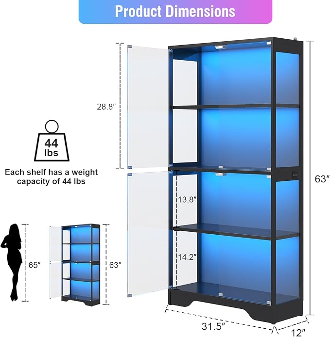 knoworld Display Cabinet with Glass Doors, 4-Tier Glass Display Case with 15mm - Image 2