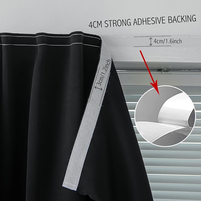 Thermal Blackout Curtains with Self Adhesive Tape No Rod No Drill Easy Install - Image 7