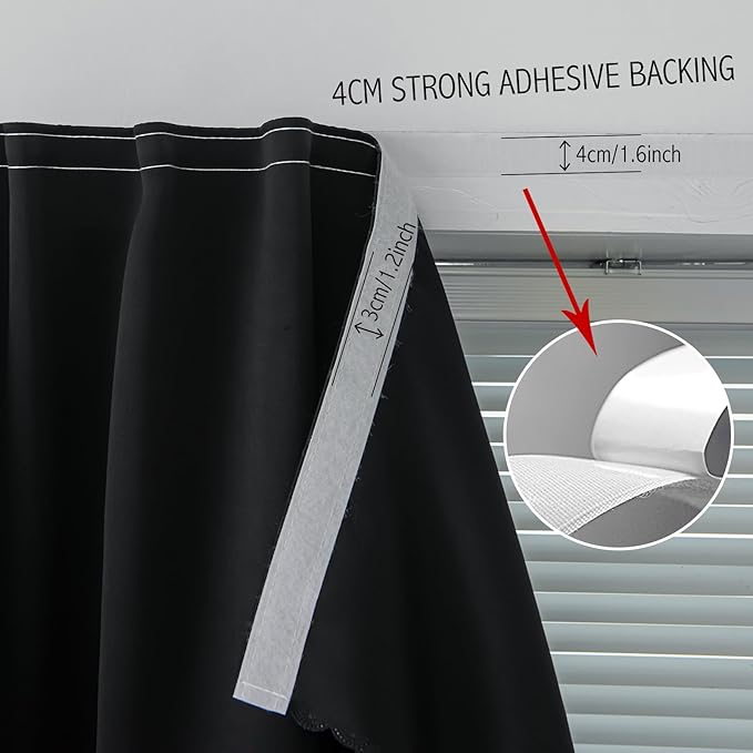 Thermal Blackout Curtains with Self Adhesive Tape No Rod No Drill Easy Install - Image 7