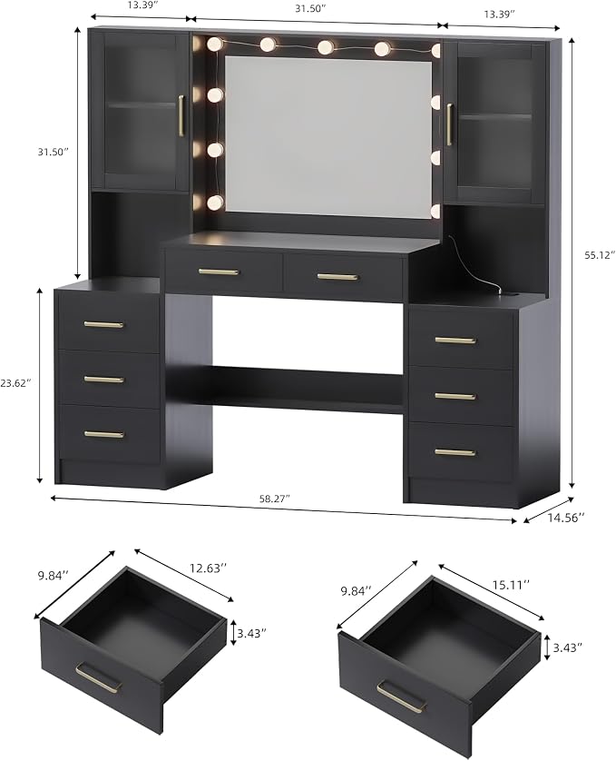 TOKSOM Black Vanity Desk with Mirror, Lights & Charging Station, 58.3" 3 - Image 5
