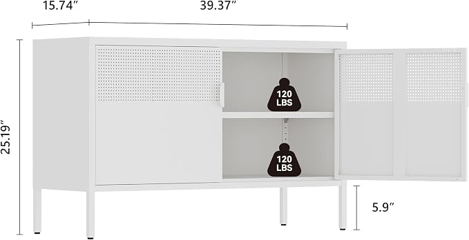 Metal Storage Cabinet, 2 Door TV Stand, Metal Mesh Accent Cabinet, Magnetic - Image 3