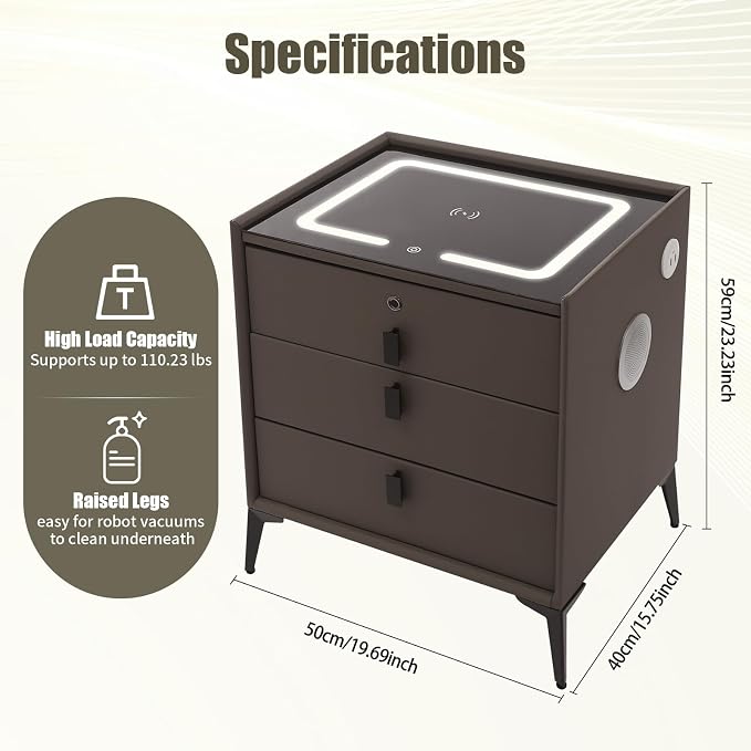 Smart Nightstand with Charging Station, Adjustable LED, USB Ports, Fingerprint - Image 2