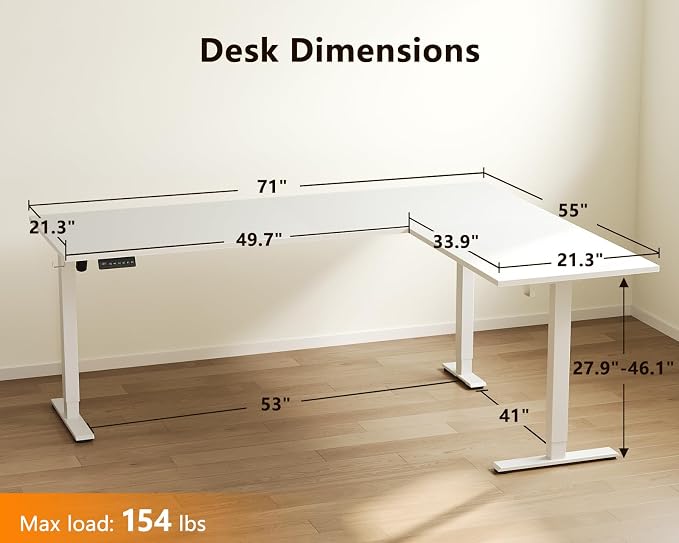 Casaottima 71 Inch Reversible Electric L Shaped Standing Desk, Height - Image 3