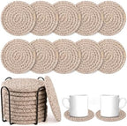 OIAHOMY 10 Pcs Drink Coasters with Holder, Boho Cotton Woven Coaster Set, Absorbent Coaster Protection for Various Cups, Ideal for Coffee Tables Home Decor and Gift, 4.3 Inches, Brown - Image 4