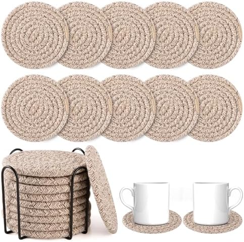 OIAHOMY 10 Pcs Drink Coasters with Holder, Boho Cotton Woven Coaster Set, Absorbent Coaster Protection for Various Cups, Ideal for Coffee Tables Home Decor and Gift, 4.3 Inches, Brown - Image 4