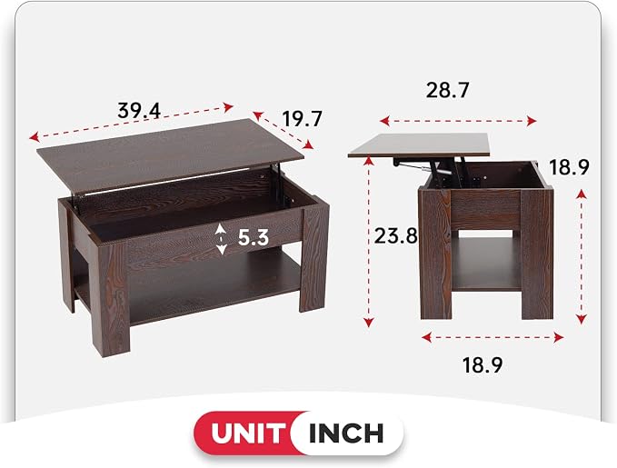 FDW Lift Top Coffee Table with Hidden Compartment and Storage Shelf Wooden Lift - Image 3