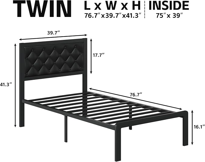 Fluest Twin Bed Frame with Headboard PU Leather Upholstered Bed Frame Platform - Image 2