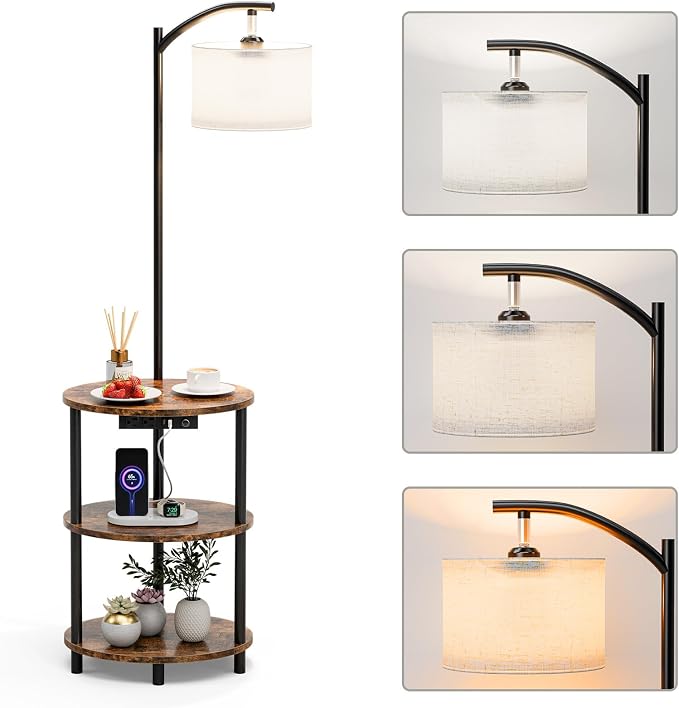 Round Side Table with Lamp and USB Ports, 3-Tier Small End Table by RISWER