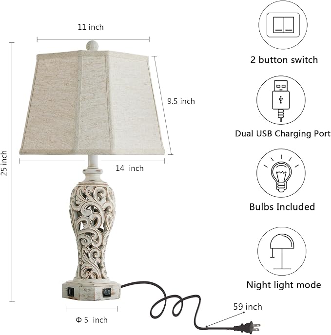 25'' Farmhouse Table Lamp for Living Room Bedroom, 2 USB Ports Vintage Rustic - Image 5
