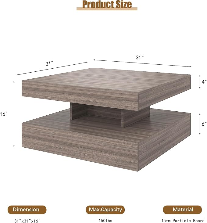 HedoAjim LED Coffee Table for Living Room, Living Room Table 2-Tier Square - Image 2