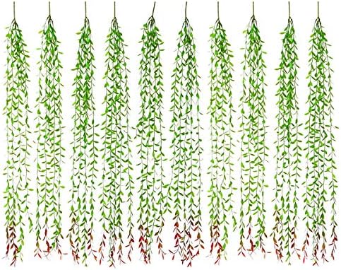 Artificial Hanging Vines, 10 Pack Fake Ivy Weeping Willow Greenery Leaves Plastic Plants Faux Garland Vine UV Resistant for Indoor Outdoor Garden Door Wall Baskets Wedding Party Decoration - Red by LOVENIMEN