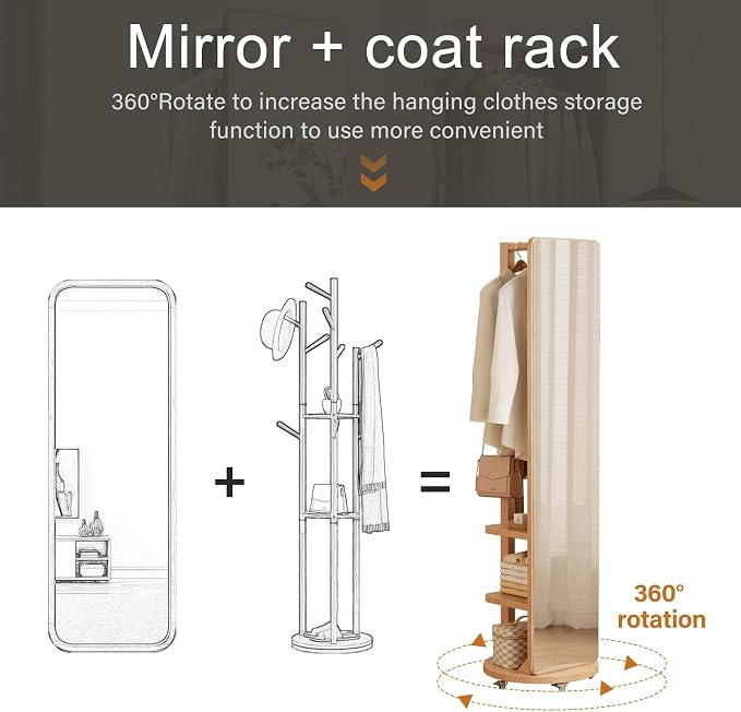 WoodsWhisper Full Length Mirror Coat Rack Solid Wood Floor Mirror 66"x12" Full - Image 3