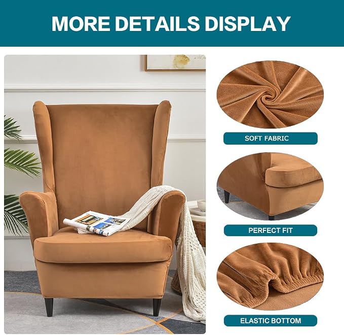 KRFOONN Wingback Chair Cover Slipcovers 2 Piece Stretch Velvet Plush Wing Chair - Image 2