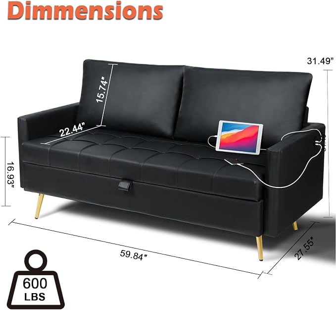 LINLUX Black Leather 60" W Couch - Image 2