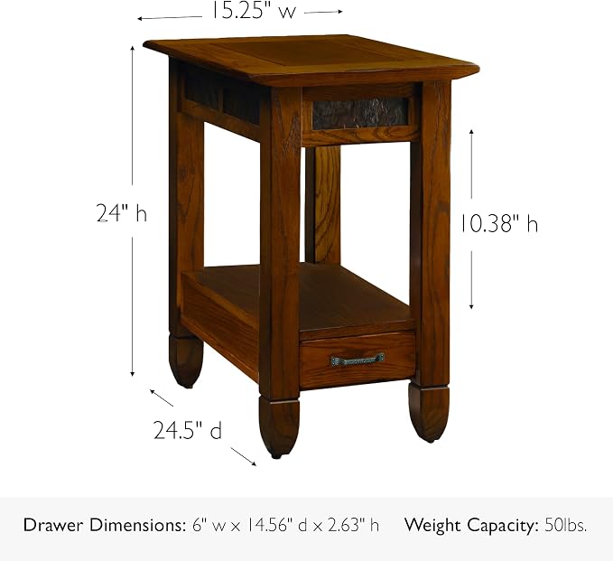 Leick Home Sibley End Table, Solid Wood, 1 Storage Drawer, Slate Tile Details - Image 3